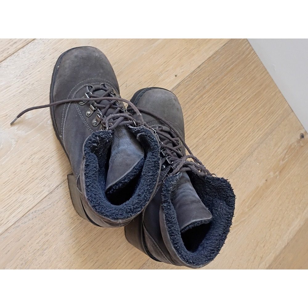Grey Nubuck Leather Faux Fur Lined Lace Up Hiking Ankle Boots Block Heel 8.5M - Picture 4 of 8